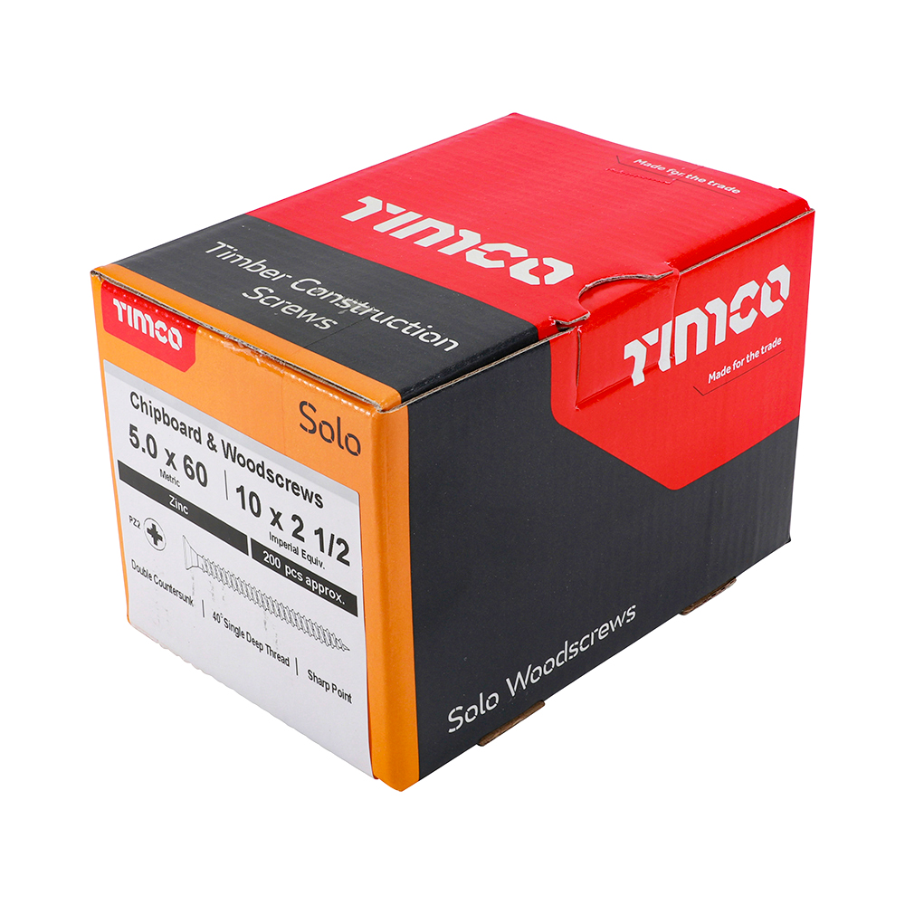 A red, yellow, and black box of TimCo Solo Woodscrews, Pozi Countersunk 5.0x30mm (Box Of 200), has product details such as size and quantity printed on the side.