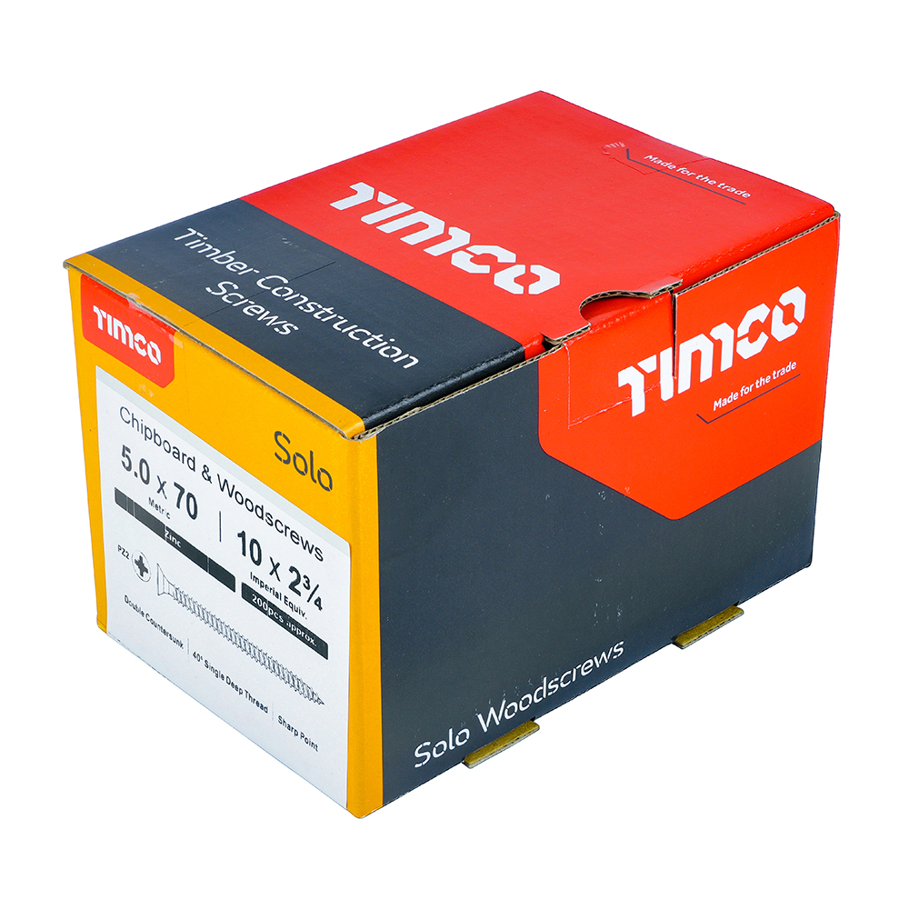 A mainly red, yellow, and black cardboard box of TimCo Solo Woodscrews, Pozi Countersunk 5.0x30mm (Box Of 200), with product details printed on the side.