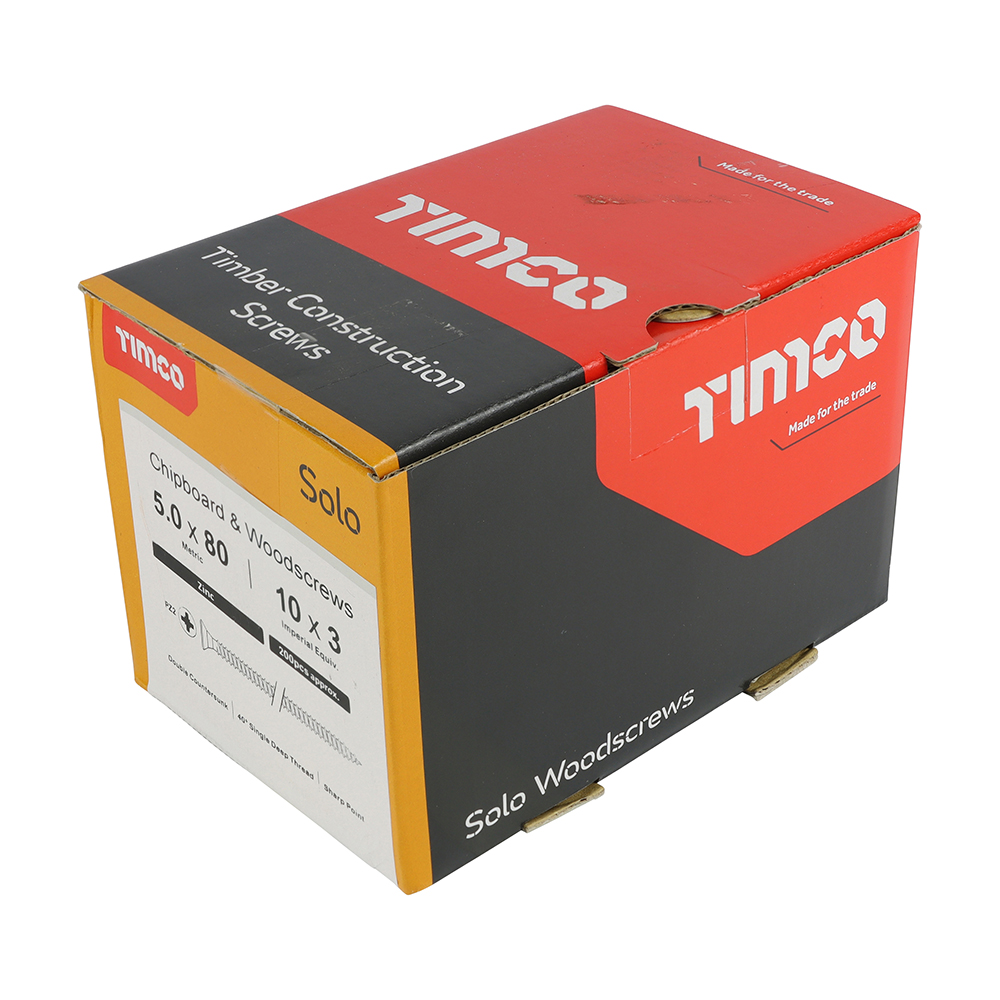 A box of TimCo Solo Woodscrews, Pozi Countersunk 5.0x30mm (Box of 200), designed for wood and chipboard, features visible branding and product info on a mainly red, black, and yellow box.