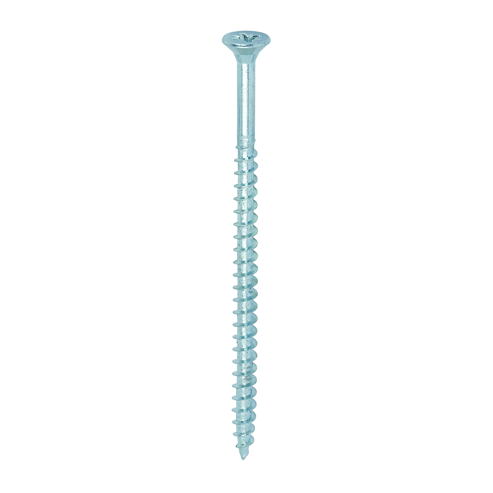 A single TimCo Solo Woodscrew, Pozi Countersunk 5.0x30mm metal screw with a flat head and sharp tip, featuring spiral threads, is shown against a white background. The product comes in a box of 200 screws.