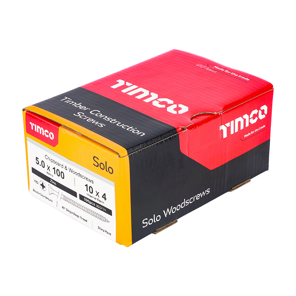 A box of TimCo Solo Woodscrews, Pozi Countersunk 5.0x30mm (Box of 200), designed for timber construction. The packaging is red, black, and yellow with product details printed on the side.