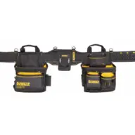 The Dewalt DWST40603 Pro Tool Rig, in black and yellow, features multiple pouches, pockets, and loops for tool storage and accessories, shown laid flat on a white background.
