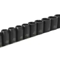 The 1/2in Drive 9121 Impact Socket Set includes 10 black, deep sockets (10–22mm) organized by size on a metal rail.