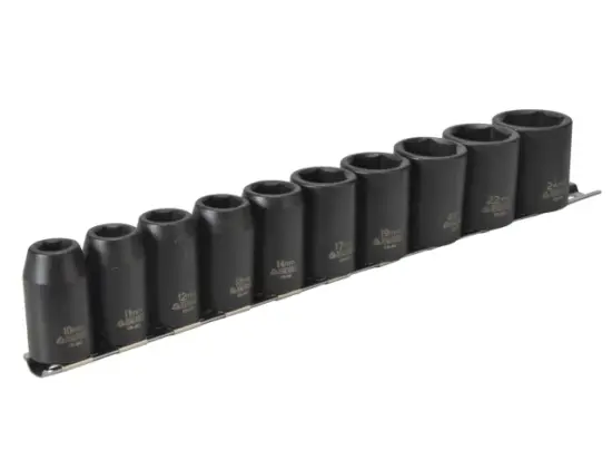 The 1/2in Drive 9121 Impact Socket Set includes 10 black, deep sockets (10–22mm) organized by size on a metal rail.