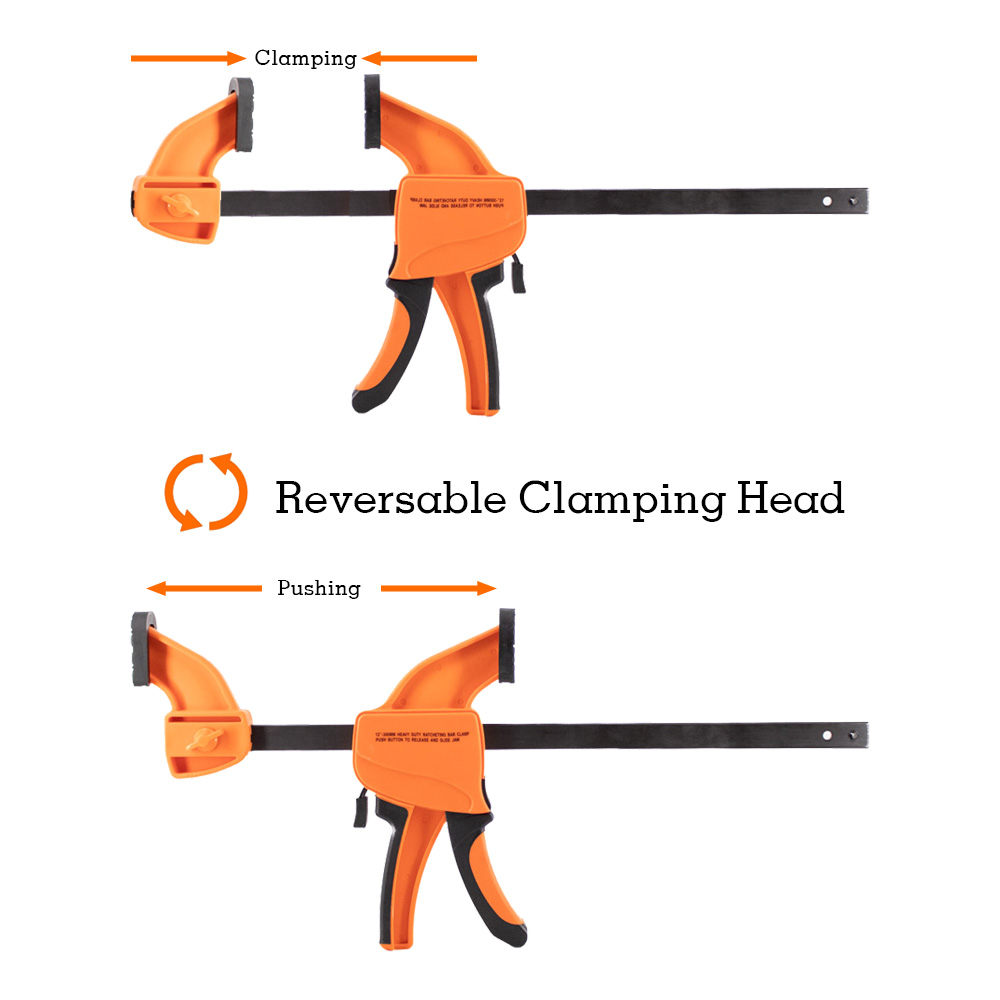 Two orange bar clamps are shown, one in clamping mode and the other in pushing mode, with arrows and text indicating the reversible clamping head feature.