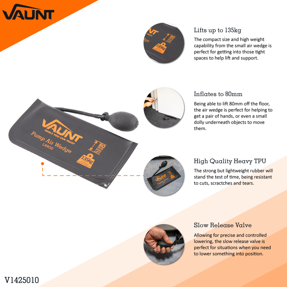 Promotional image for the VAUNT Pump Air Wedge, showing the black and orange wedge with hand pump and highlighting features like 135kg lifting capacity, 80mm inflation, heavy TPU construction, and a slow release valve.