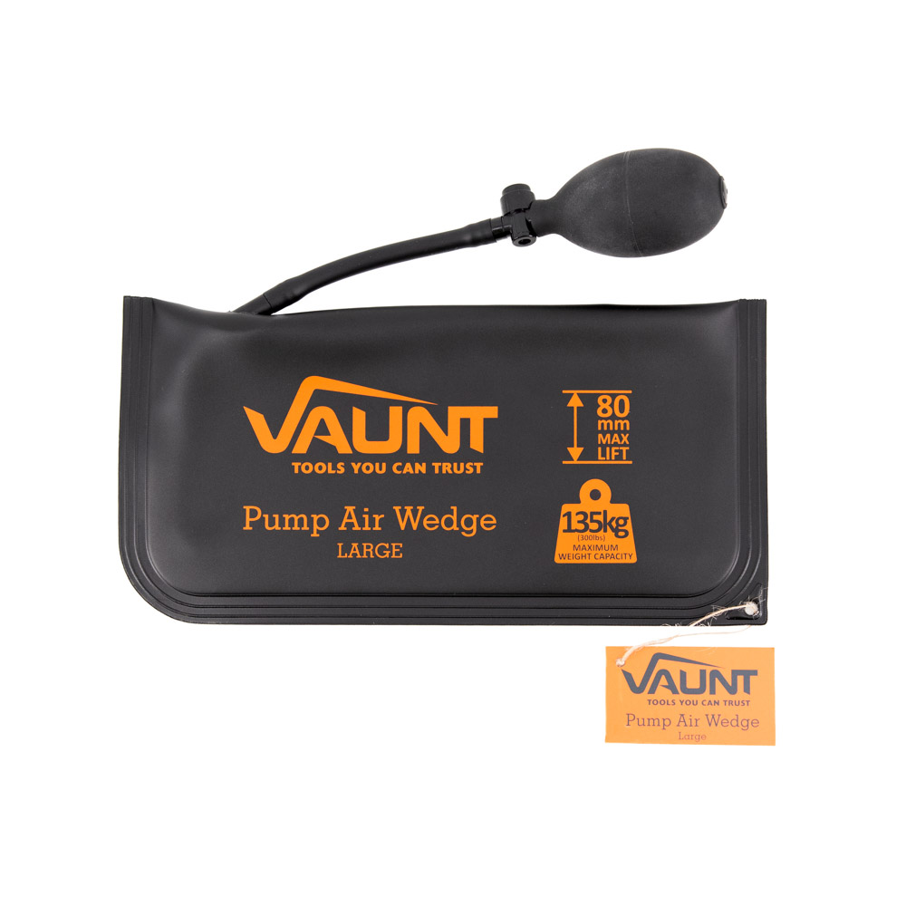 A black Vaunt pump air wedge with an attached hand pump, labeled Tools You Can Trust, 80 mm max lift, and 135 kg maximum weight capacity in orange text.
