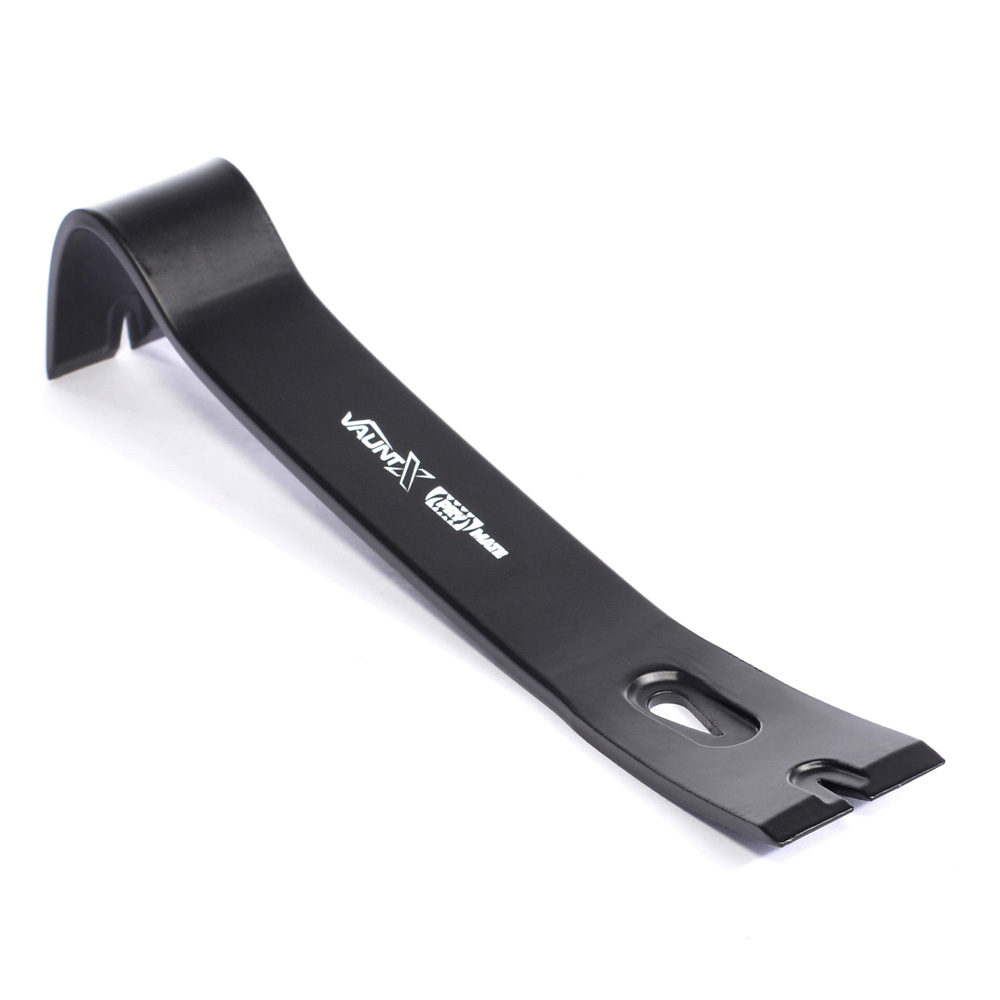 A black metal pry bar with a curved end, flat body, and small notches at each end, placed on a white background.