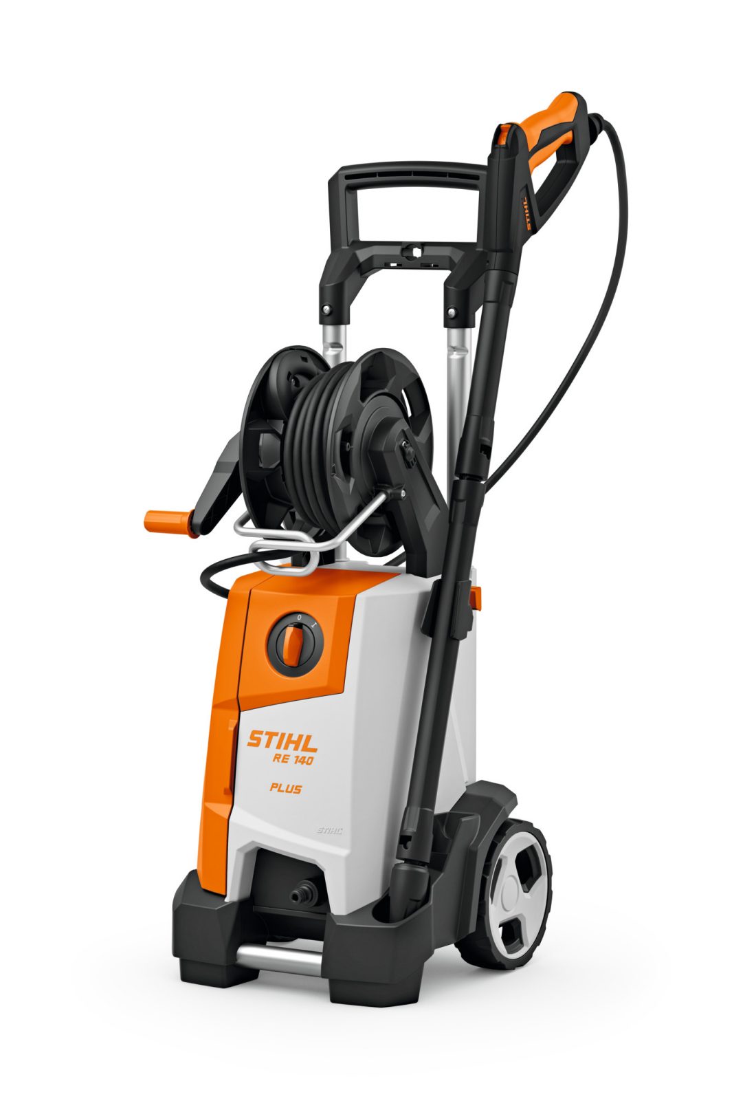 The Stihl RE140 Pressure Washer (model 4950 011 4582) features wheels, a hose reel, an upright handle on its orange and white body, and a black spray wand mounted on the side for convenience.