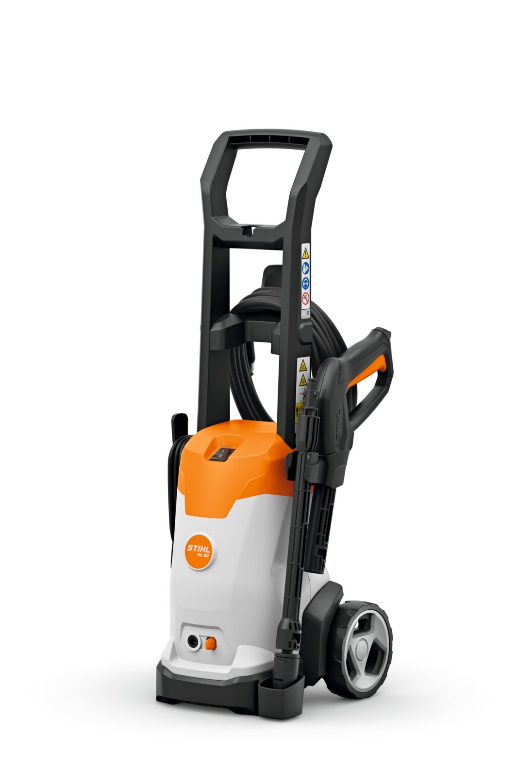 The Stihl RE90 Pressure Washer (model RE02 011 4541) is a compact, upright unit with a white and orange body, black handle, hose reel, large wheels, control buttons, safety labels, and the model number clearly visible.
