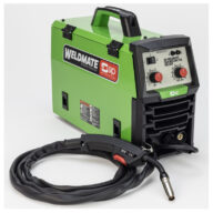 The SIP 05733 WELDMATE® 160A MIG/ARC/TIG Welder features a green body with control dials, clear labels, and a black top handle. A welding gun with a coiled cable is attached in front, ensuring reliable performance for diverse welding tasks.