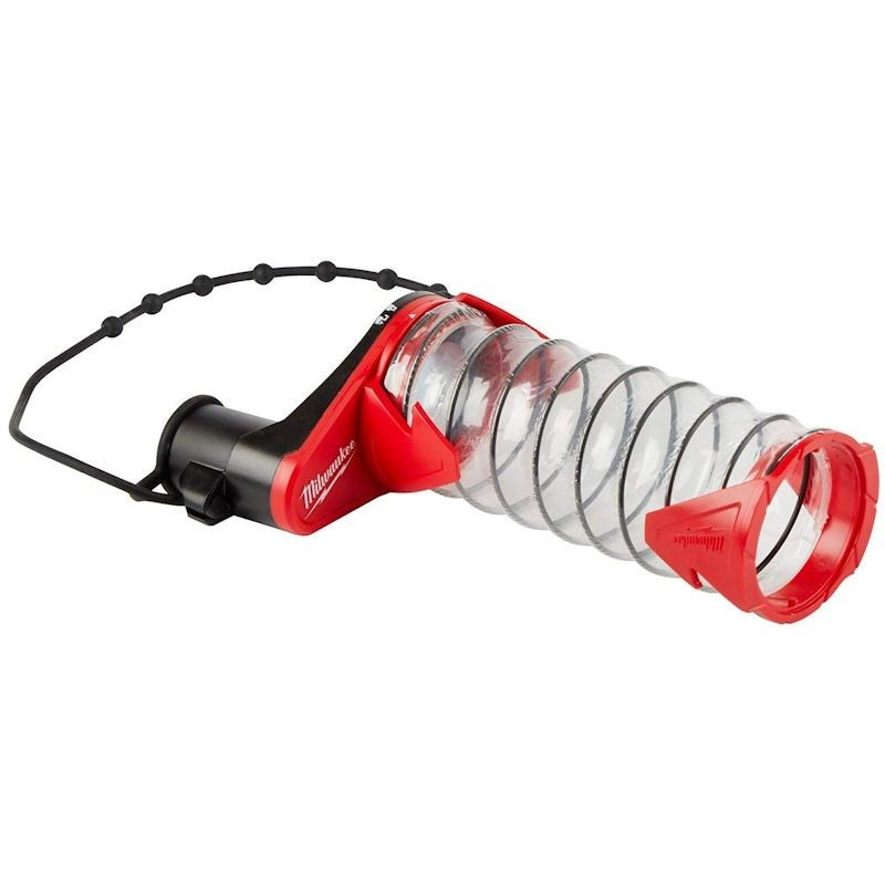 A cordless clear plastic dust extractor attachment with a coiled design and red and black accents, used with power drills for collecting debris while drilling.