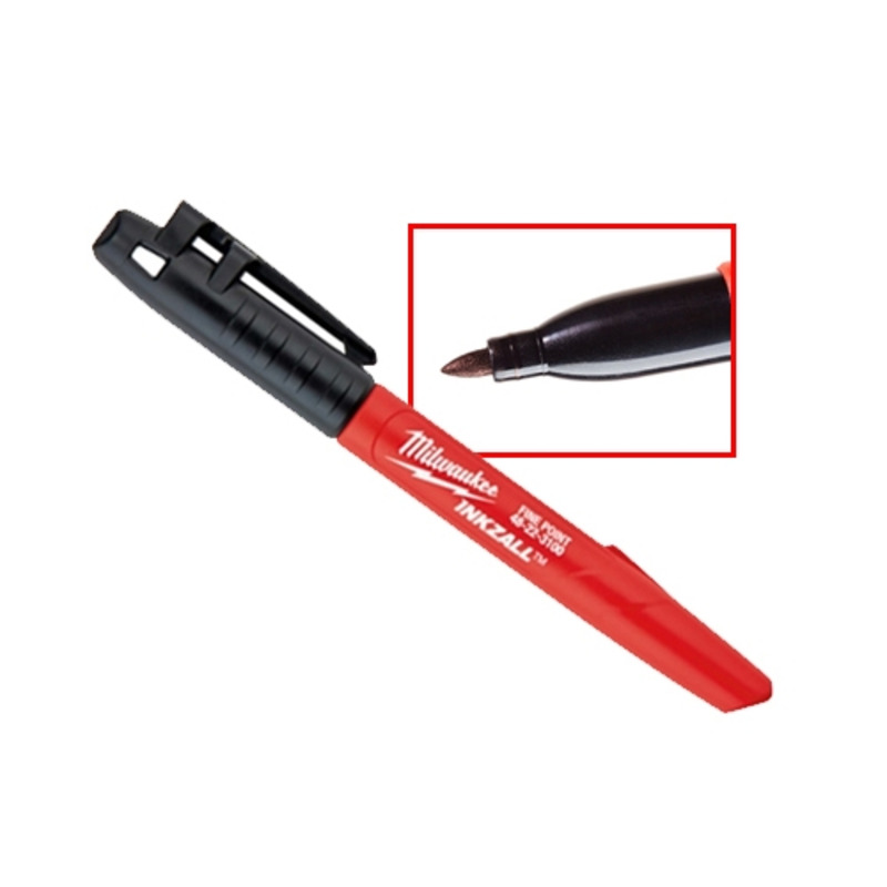 A red Milwaukee INKZALL marker with a black cap and clip, lying diagonally. An inset shows a close-up of the marker’s fine bullet tip.