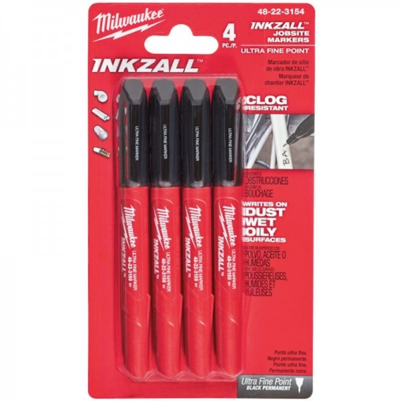 A pack of four Milwaukee INKZALL jobsite markers with ultra fine tips in red and black packaging, designed to be clog-resistant and able to write on dusty, wet, and oily surfaces.