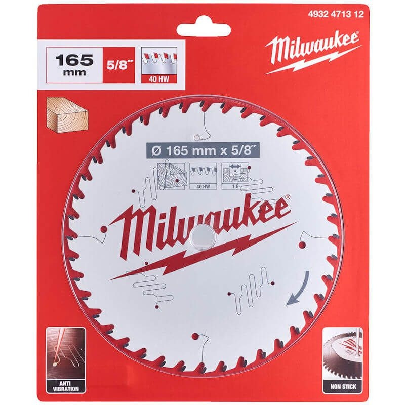 A Milwaukee circular saw blade in red packaging, labeled 165 mm diameter and 5/8 arbor. Features include 40 teeth, anti-vibration, non-stick coating, and suitability for wood cutting.