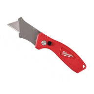 A red Milwaukee Fastback utility knife with a silver blade extended and a folding handle, featuring a button and the Milwaukee logo on the side.