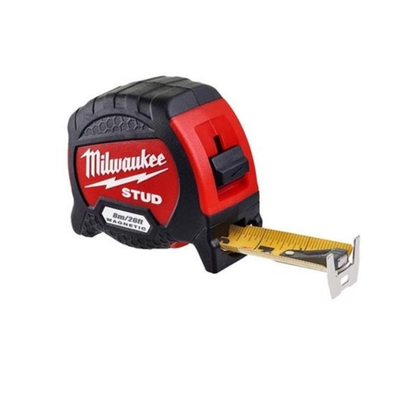 A Milwaukee Stud measuring tape with a black and red casing and a partially extended yellow tape marked in both metric and imperial units.