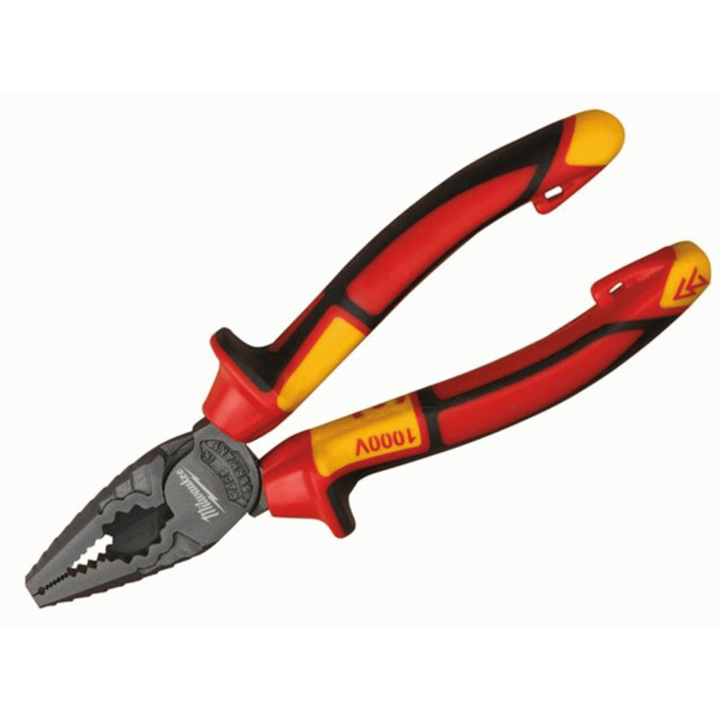 A pair of insulated combination pliers with red and yellow handles, designed for electrical work and featuring a voltage rating of 1000V on the handle.