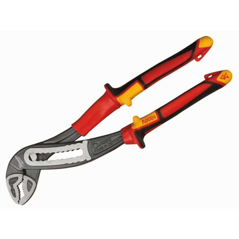 A pair of insulated water pump pliers with red and yellow handles, designed for electrical work and gripping pipes or fittings.