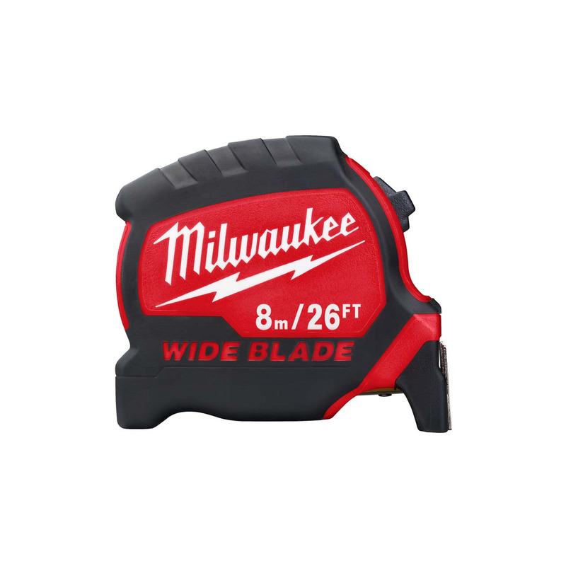 A Milwaukee brand tape measure with a black and red casing, labeled Wide Blade and showing measurements of 8 meters and 26 feet.