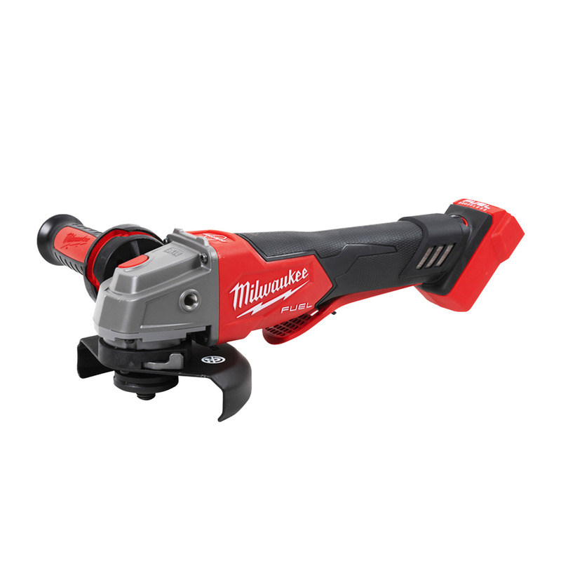 A red and black Milwaukee cordless angle grinder with a side handle and a protective guard around the grinding disc, shown on a white background.