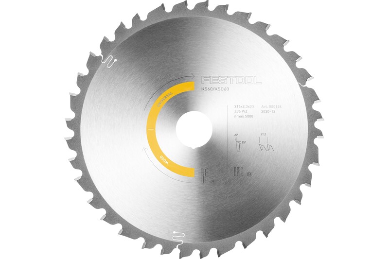 A circular saw blade with sharp teeth around the edge, featuring technical specifications and yellow markings on the metallic surface.