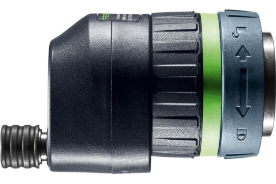 A close-up of a black and metallic power tool attachment with a grooved, rubberized end and a green and blue ring showing directional arrows and letters.