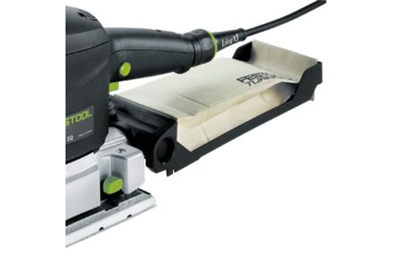 A close-up of a black and green FESTOOL electric sander shows the Turbo filter bag TF II-RS/ES/ET/5 attached at the back, highlighting part of the tool and its integrated dust collection system.