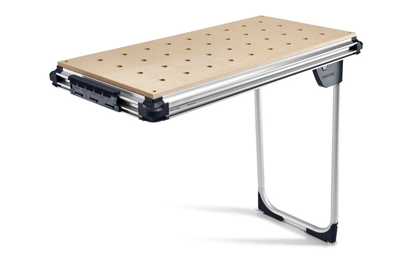 A portable workbench with a perforated wooden top, metal frame, and a single folding leg for support, designed for versatile use and easy storage.