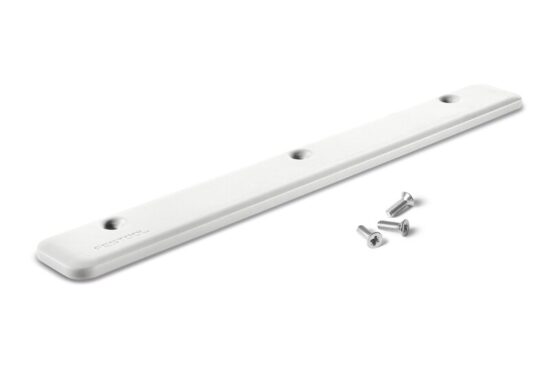 A white, rectangular mounting bracket with beveled edges and three holes, accompanied by three silver screws, displayed on a white background.