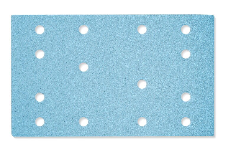 A rectangular sheet of blue sandpaper with 14 evenly spaced circular holes arranged in rows. The surface appears textured and slightly rough.