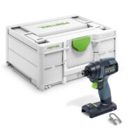 A Festool cordless impact driver is shown in front of a white Festool storage case, with a gray belt clip accessory lying beside the tool.