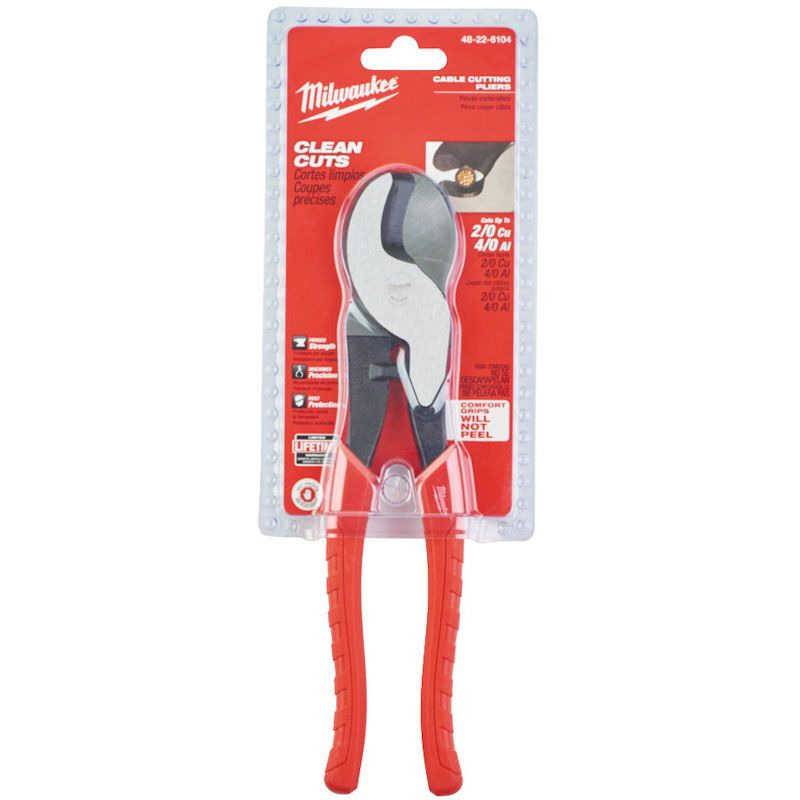 Cable cutting pliers with red handles in Milwaukee brand packaging, suitable for cutting copper and aluminum cables up to 2/0 AWG.