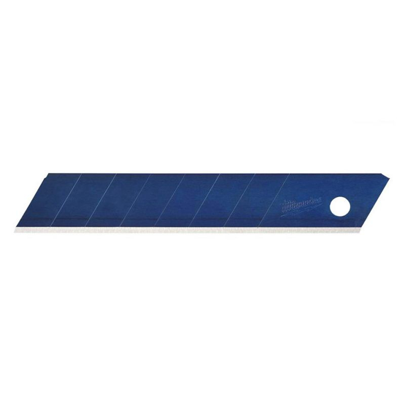 A blue segmented utility knife blade with a sharp edge, angled tip, and a hole at one end for attachment or storage.
