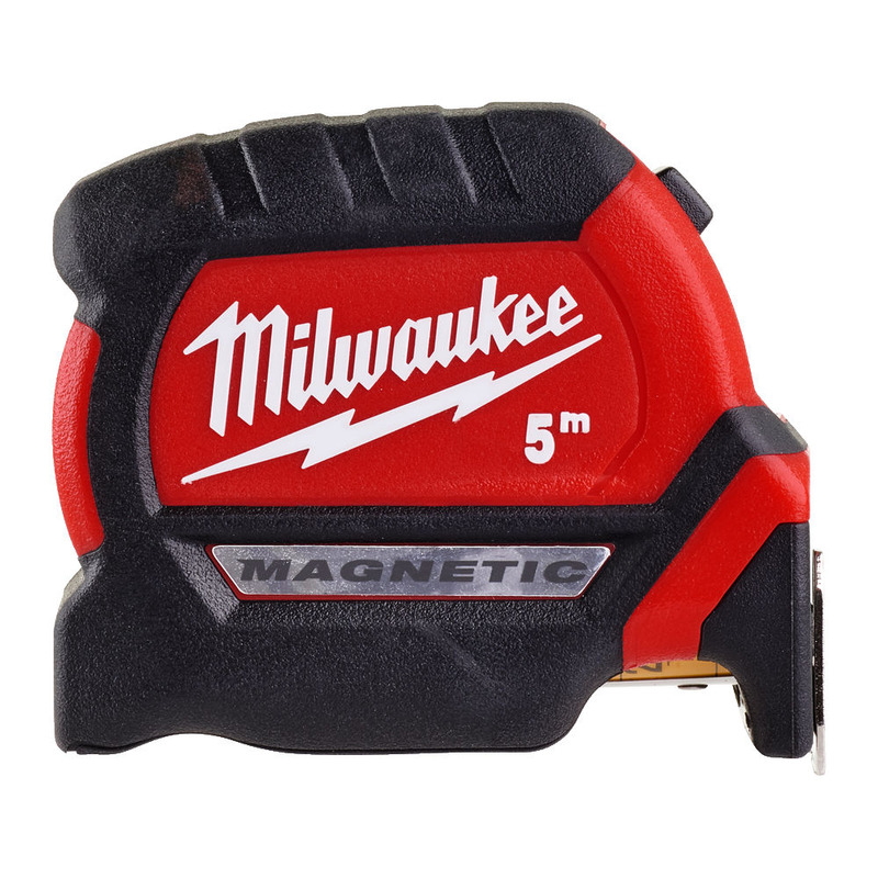 A red and black Milwaukee magnetic tape measure with a 5-meter length marking, featuring the brand’s logo on the side.