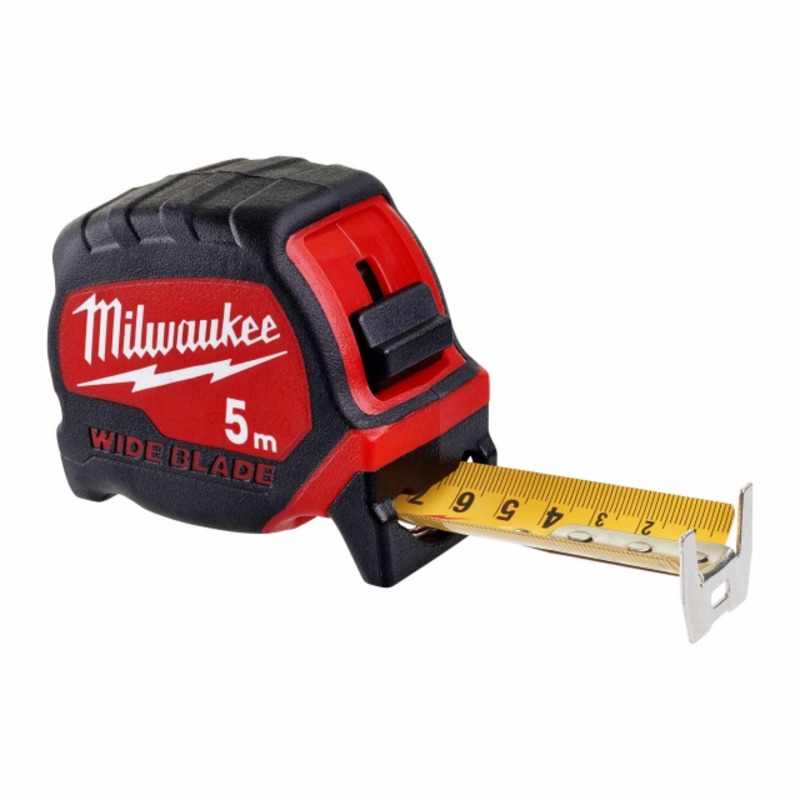 A Milwaukee 5-meter wide blade tape measure with a black and red casing sits on a white background, with its yellow measuring tape partially extended.