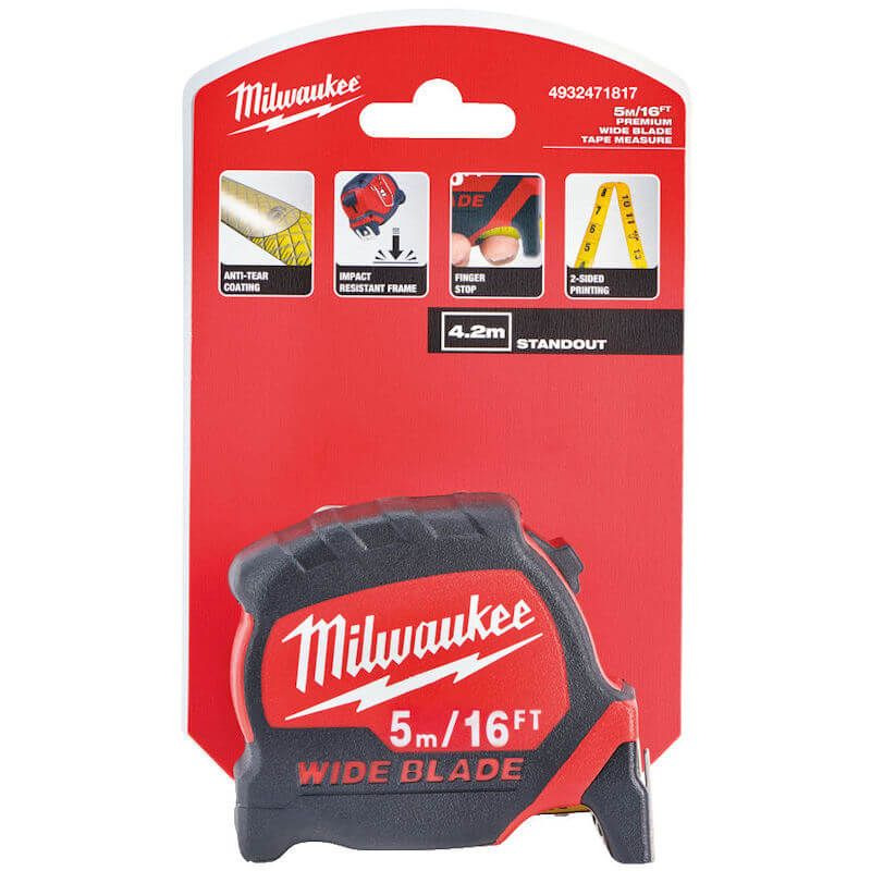 A Milwaukee Wide Blade tape measure in its packaging, showing a 5 meter/16 foot length. The red and black packaging highlights features like anti-tear coating, impact resistance, and a 2-sided printing blade.