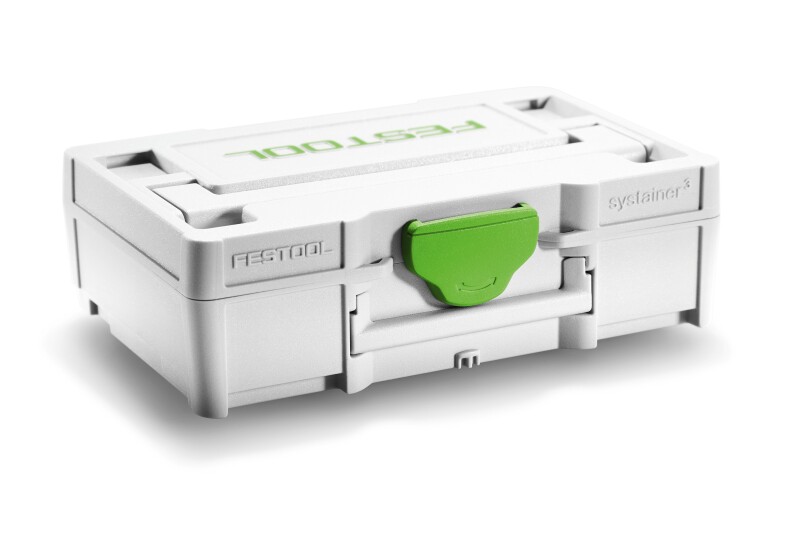 A white Festool Systainer storage box with a green latch, closed and placed on a white background. The Festool logo is visible on the lid and side of the box.