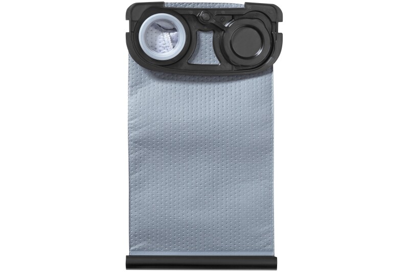 A rectangular, gray vacuum cleaner bag with a black plastic collar and opening at the top, designed for collecting dust and debris.