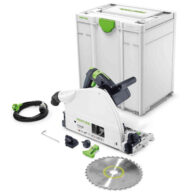 The Festool 576112 TS75-EQ Plus Plunge Cut Saw 110v kit includes a white and green saw, circular saw blade, power cord, wrench, clamp, small green accessory, and a large carrying case.