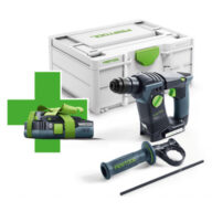 The Festool 577569 Cordless Hammer Drill BHC 18 Basic-4.0 comes with a free 4.0ah battery and features stylish green and black details.
