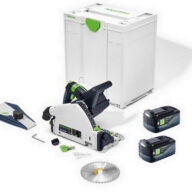 The Festool 577586 TSC55 KEB-Basic 18v Cordless Plunge Saw kit includes a white and black saw, two 5.0Ah batteries, a round blade, dust bag, storage case, and accessories—all displayed on a white background.