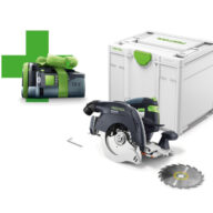 A Festool 577598 HKC55 18V 160mm cordless circular saw (Basic), shown with a detached blade, hex key, white storage case, and free 5.0Ah battery on a white background.