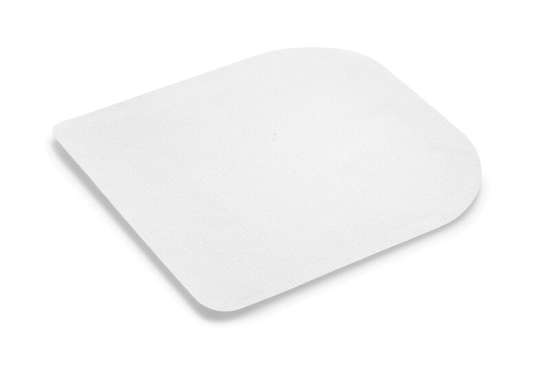 A single white square adhesive bandage patch with one rounded corner, lying flat on a white background.