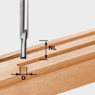 A close-up of a metal router bit above a rectangular groove in a wooden board, with arrows labeled NL for groove length and D for groove width.