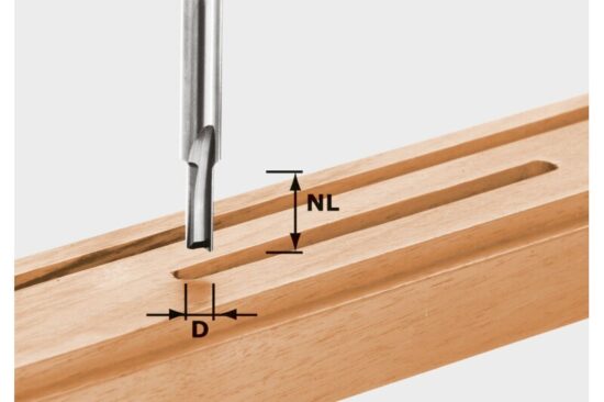 A close-up of a metal router bit above a rectangular groove in a wooden board, with arrows labeled NL for groove length and D for groove width.