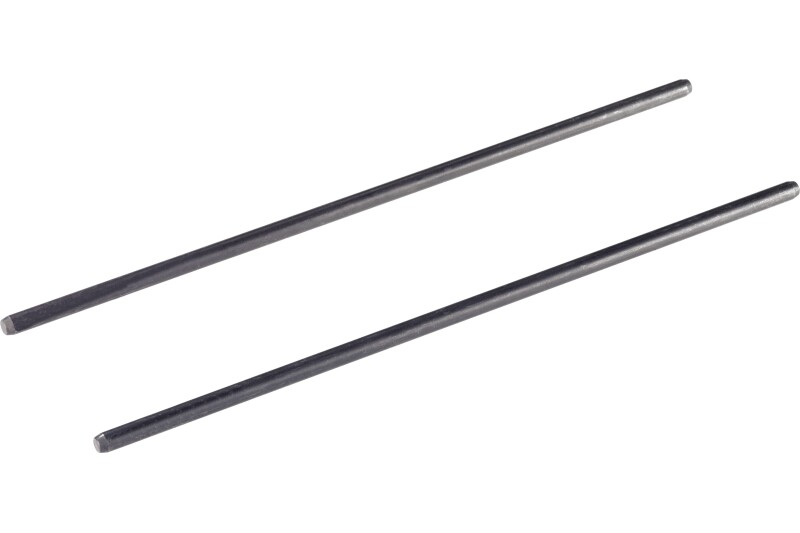Two long, straight metal rods with a smooth, cylindrical shape, positioned diagonally and parallel to each other on a white background.