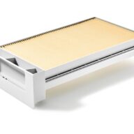 A rectangular, pleated air filter with a white plastic frame, shown on a white background. The filter surface is light yellow and the frame has an extended edge with multiple compartments.