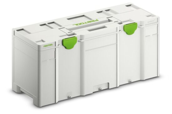 A white Festool tool storage container with green latches, a handle on top, and the Festool logo printed in green. The container has a sturdy, rectangular design with compartments and grooves for secure stacking.