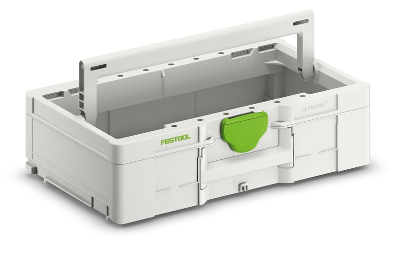 A white Festool toolbox with a green latch and a foldable handle, shown open and empty, designed for organizing and carrying tools or accessories.